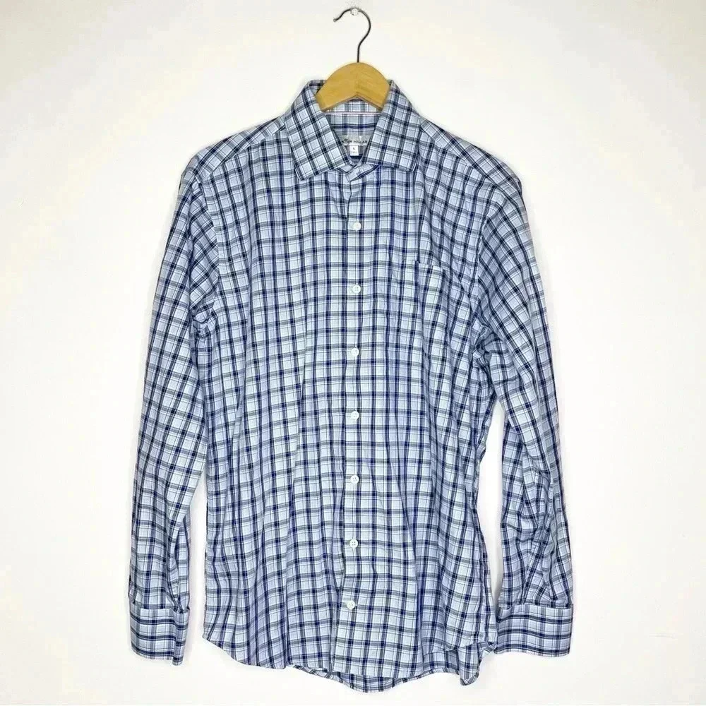 Peter Millar Light Blue and Navy Plaid Button-Down Shirt